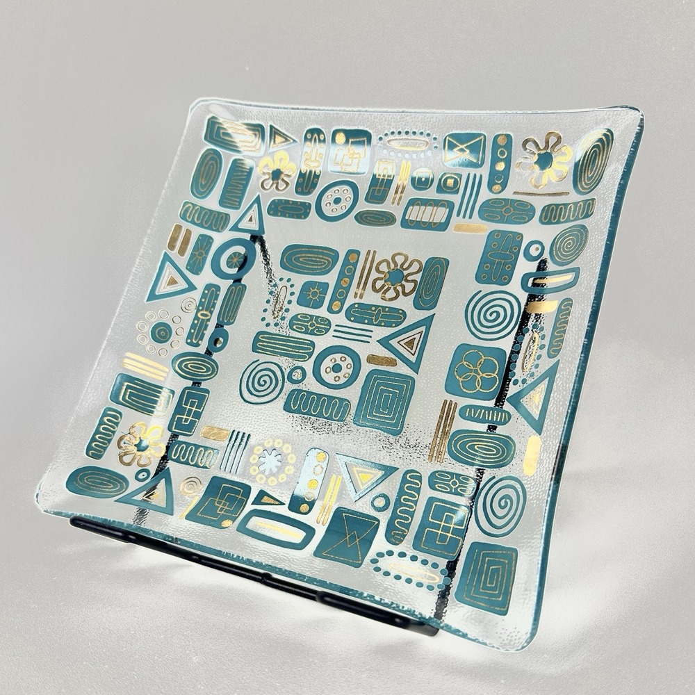 Vtg MCM Inland Glass Works Teal Blue  Gold Bent Glass Dish Ora Glass 8 Available